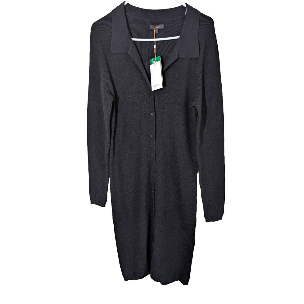 Quince Women's Eco-Knit Button-up Sweater Dress Black Ribbed Minimalist Large
